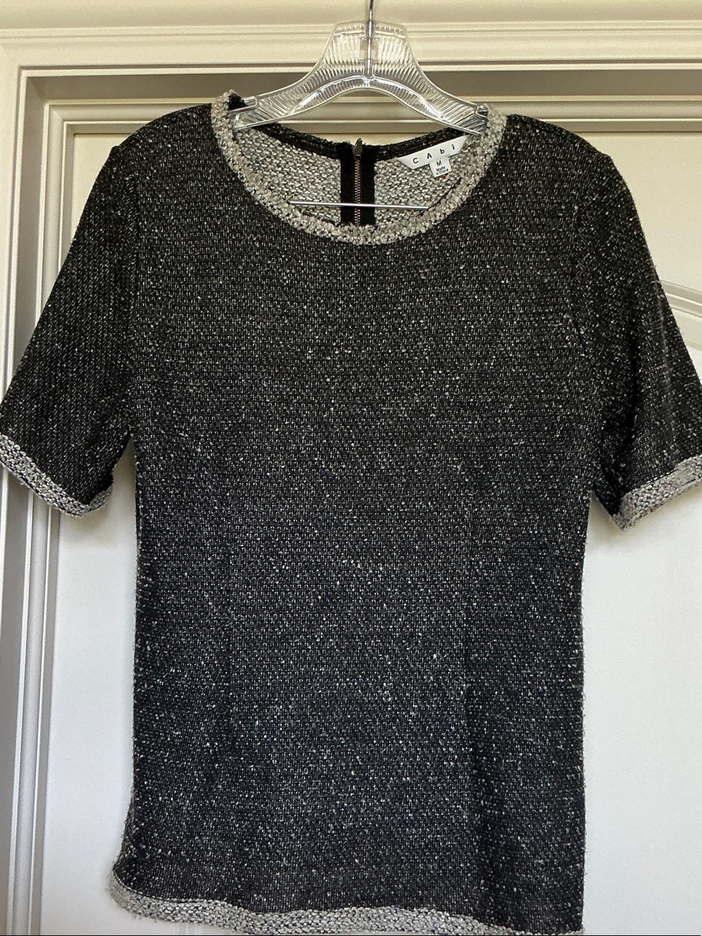 CAbi Black Knit Short Sleeve Top with Silver Trim * M